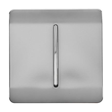 1 Gang Retractive Light Switch in brushed steel with a screwless square plate and a single vertical chrome rocker, shown on a plain white background.