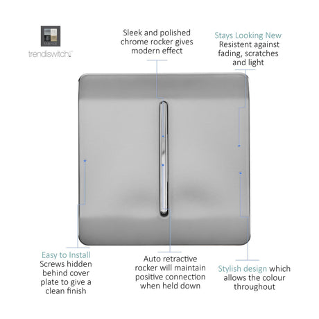 1 Gang Retractive Light Switch in brushed steel with a screwless plate and vertical chrome rocker, shown on a white background with feature callouts.