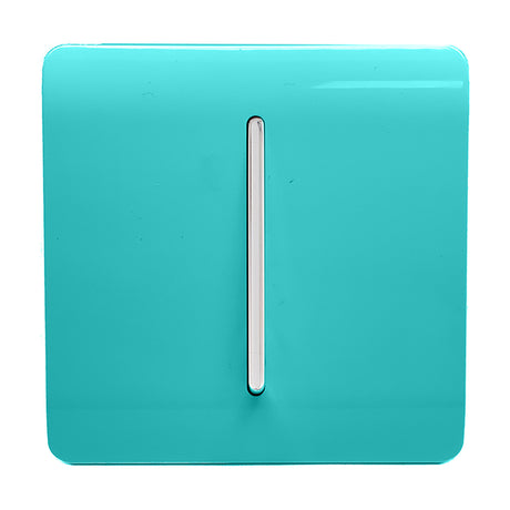 1 Gang Retractive Light Switch in Bright Teal with a screwless square plate and vertical chrome rocker, shown on a plain white background.