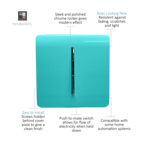 1 Gang Retractive Light Switch in Bright Teal, screwless square plate with chrome rocker, annotated diagram on white background.