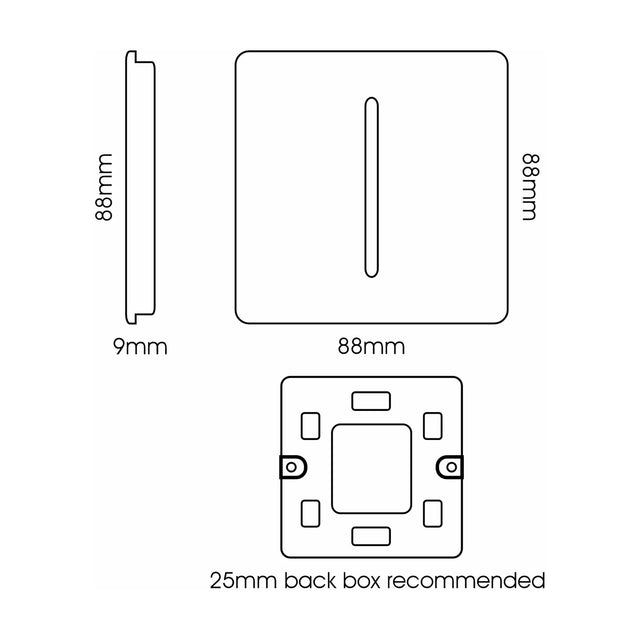 Technical line drawing of a 1 Gang Retractive Home Automation Light Switch in carbon fibre finish with chrome rocker, showing dimensions and mounting details.