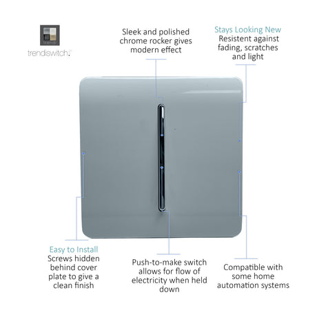1 Gang Retractive Light Switch in Cool Grey with a screwless square plate and vertical chrome rocker insert, shown with labelled feature callouts on a white background.