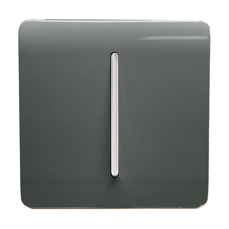 1 Gang Retractive Light Switch in charcoal with a chrome rocker, screwless square plate, shown against a plain white background.