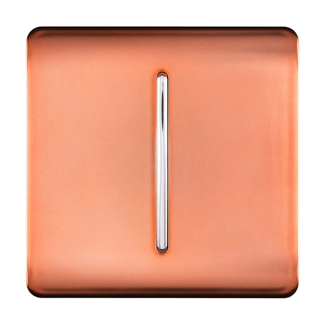 1 Gang Retractive Light Switch in copper with a screwless square plate and slim vertical chrome rocker, shown on a plain white background.