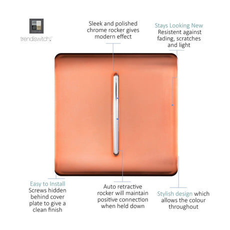 1 Gang Retractive Light Switch in copper with a screwless square plate and central chrome rocker, shown with labelled feature callouts on a white background.