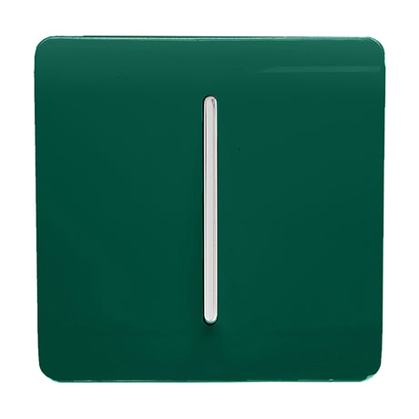 1 Gang Retractive Light Switch in dark green with a chrome rocker, screwless square plate, shown against a plain white background.