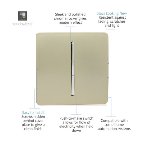 1 Gang Retractive Light Switch in champagne gold, screwless flat plate with chrome rocker, shown on a white background with feature callouts.