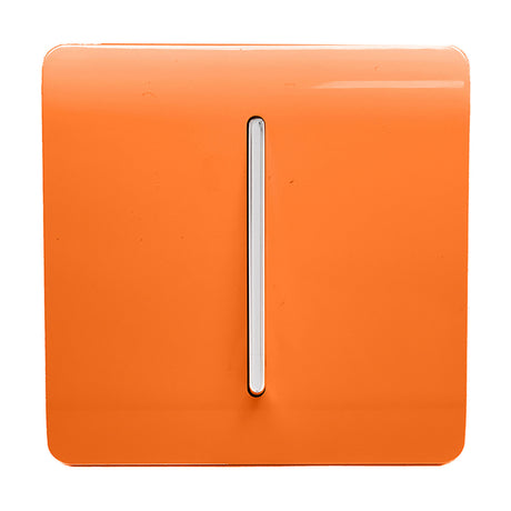 1 Gang Retractive Light Switch in orange with a screwless square plate and vertical chrome rocker, shown on a plain white background.