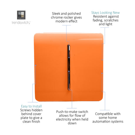 1 Gang Retractive Light Switch in orange, screwless square plate with a vertical chrome rocker, shown on a plain white background.