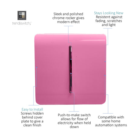 1 Gang Retractive Light Switch in pink, square screwless plate with vertical chrome rocker, shown on a white background with feature callouts.