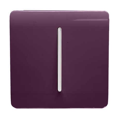 1 Gang Retractive Light Switch in Plum, a flat screwless plate with a centred chrome rocker, shown on a plain white background.