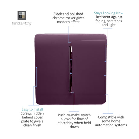 1 Gang Retractive Light Switch in Plum with a flat screwless plate and centred chrome rocker, shown on a plain white background.