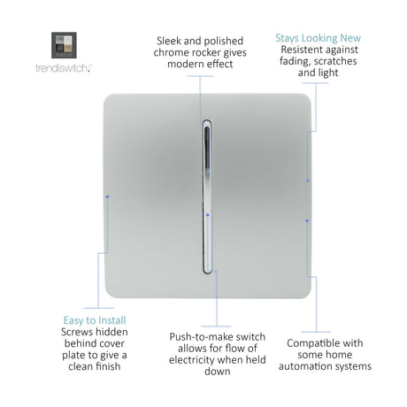 1 Gang Retractive Light Switch in platinum silver, screwless square flat plate with chrome rocker, on a white background with feature callouts.