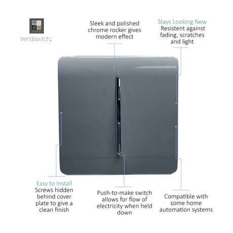 1 Gang Retractive Light Switch in warm grey, screwless square plate with vertical chrome rocker, labelled diagram of features on a white background.