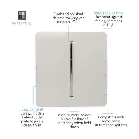 1 Gang Retractive Light Switch in Ice White with screwless square plate and slim chrome rocker, shown on a white background with feature callouts.