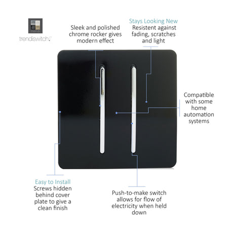 2 Gang Retractive Light Switch in piano black with screwless plate and two chrome rockers, shown with feature callouts on a white background.