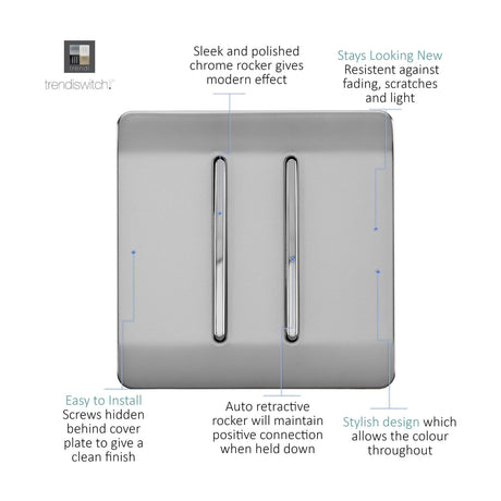 2 Gang Retractive Light Switch in brushed steel with two vertical chrome-edged rockers on a screwless square plate, shown with labelled feature callouts on a white background.