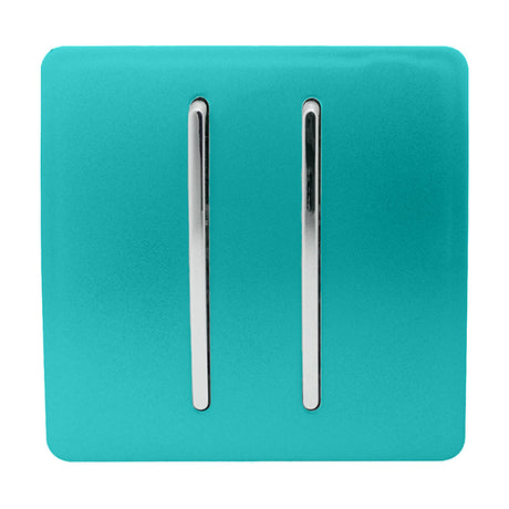 2 Gang Retractive Light Switch in bright teal with a flat screwless plate and two vertical chrome rockers, shown on a plain white background.