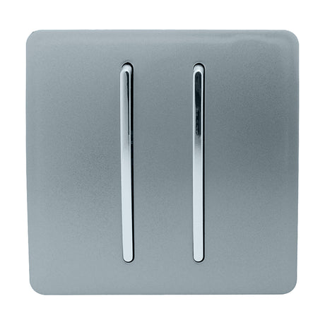 Cool grey 2 gang retractive light switch with screwless square plate and two vertical chrome rocker inserts, shown on a plain white background.