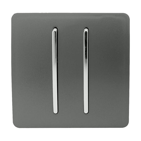 2 Gang Retractive Light Switch in Charcoal with a flat screwless square plate and two chrome rocker switches, shown on a plain white background.