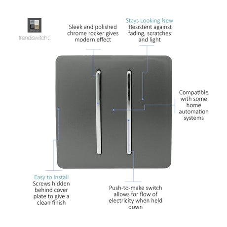 2 Gang Retractive Light Switch in charcoal with a flat screwless plate and two vertical chrome rockers, shown on a white background with feature callouts.
