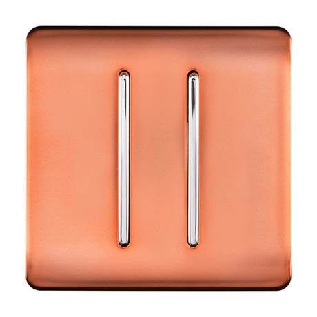 2 Gang Retractive Light Switch in copper with chrome vertical rocker inserts, screwless square plate, shown on a plain white background.