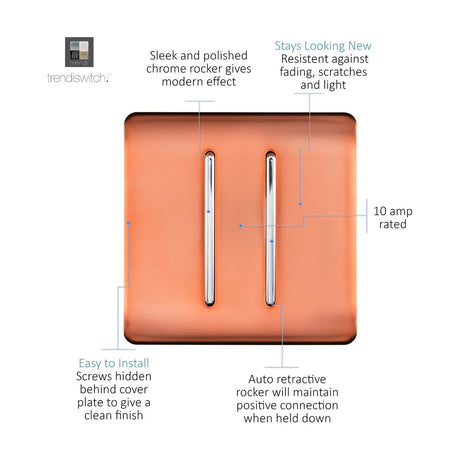 2 Gang Retractive Light Switch in copper with two vertical chrome rockers on a screwless square plate, shown with feature callouts on a white background.