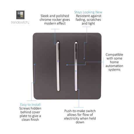 2 Gang Retractive Light Switch in dark brown with chrome rockers, screwless plate design, shown with feature callouts on a white background.