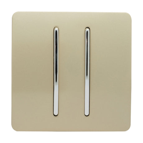 2 Gang Retractive Light Switch in champagne gold, screwless square plate with two vertical chrome rocker switches, shown on a plain white background.