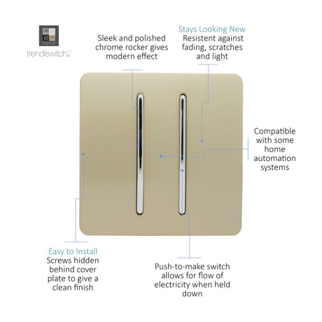 2 Gang Retractive Light Switch in champagne gold, screwless square plate with two chrome rockers, annotated diagram of features on a white background.