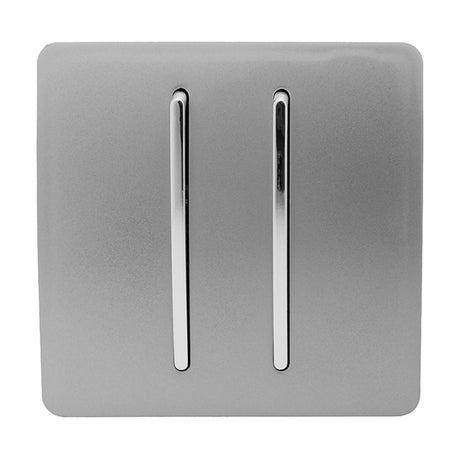 2 Gang Retractive Light Switch in light grey with screwless plate and two vertical chrome rocker inserts, shown on a plain white background.
