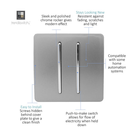 2 Gang Retractive Light Switch in light grey with polished chrome rockers, screwless plate design and hidden fixing screws, shown with feature callouts on a white background.