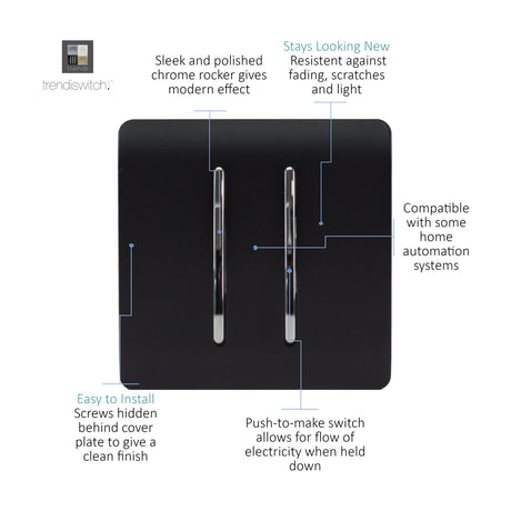 2 Gang Retractive Light Switch in matt black with two chrome rocker levers on a screwless square plate, shown with feature callouts on a white background.
