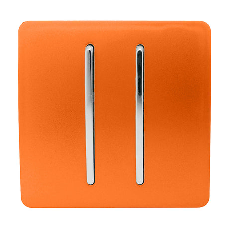 2 Gang Retractive Light Switch in orange with a screwless square plate and two chrome rocker switches, shown on a plain white background.