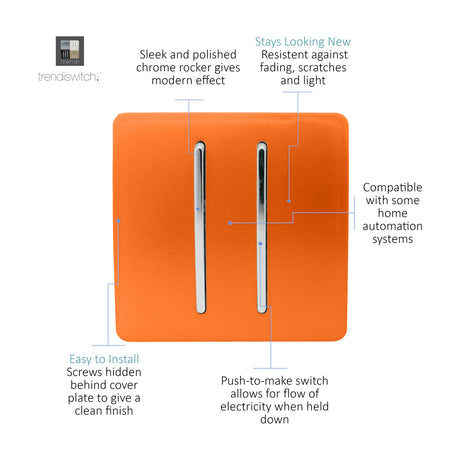 2 Gang Retractive Light Switch in orange with screwless plate and chrome rockers, diagram highlighting push-to-make switching and hidden screw fixing on white background.