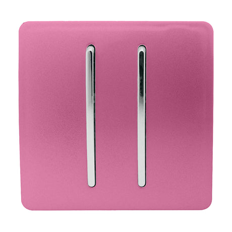 2 Gang Retractive Light Switch with a pink screwless faceplate and two vertical chrome rockers, shown on a plain white background.