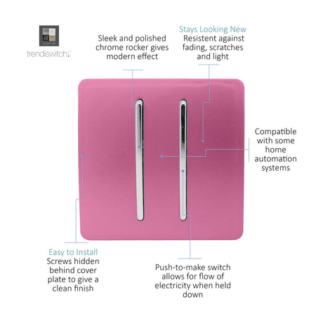 2 Gang Retractive Light Switch in pink with two chrome rockers and a screwless faceplate, shown on a white background with feature callouts.