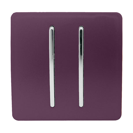 2 Gang Retractive Light Switch in plum with chrome rocker switches and a screwless plate, shown on a plain white background.