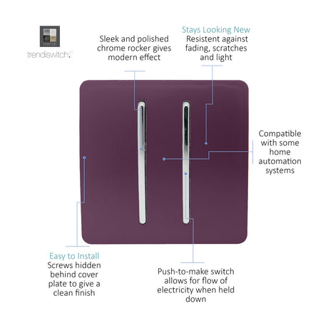 2 Gang Retractive Light Switch in plum with chrome rockers and screwless plate, shown with feature callouts on a white background.