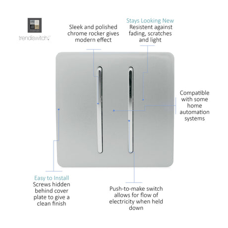 2 Gang Retractive Light Switch in platinum silver with chrome rocker inserts, screwless flat plate, shown with labelled feature callouts on a white background.