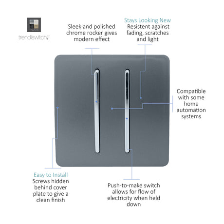 2 Gang Retractive Light Switch in warm grey with two chrome rockers on a screwless faceplate, shown with feature callouts on a white background.