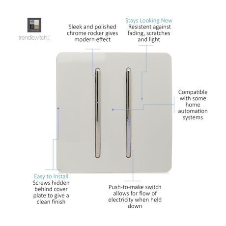 2 Gang Retractive Light Switch in Ice White with a screwless square plate and two vertical chrome rocker inserts, shown on a white background with feature callouts.