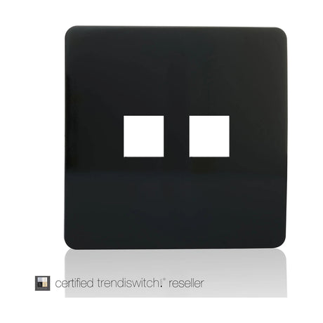 Screwless square black faceplate for a 2 gang telephone and Cat 5/6 data socket, with two cut-out apertures side by side, shown on a plain white background.