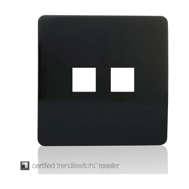 Screwless square black faceplate for a 2 gang telephone and Cat 5/6 data socket, with two cut-out apertures side by side, shown on a plain white background.