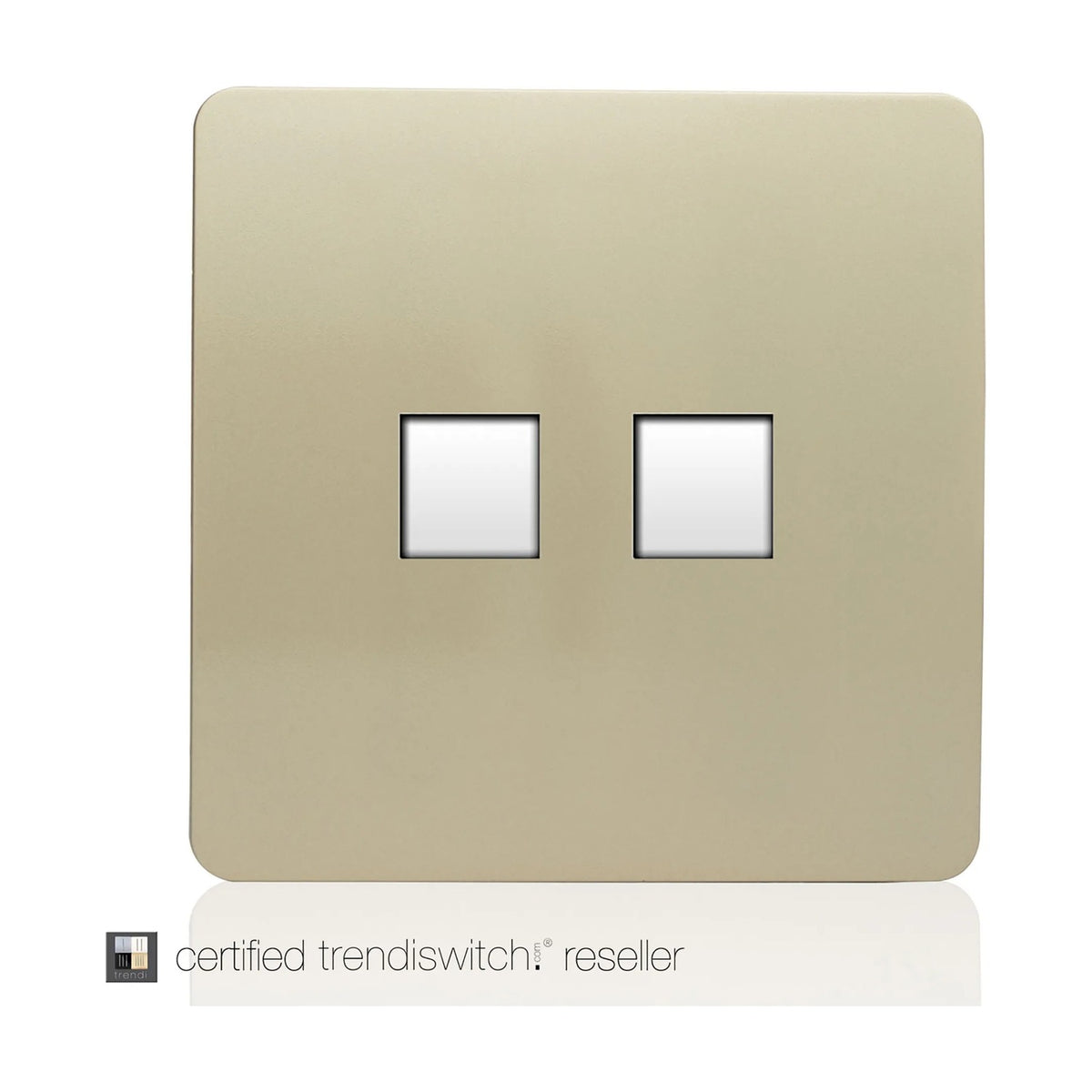 Screwless square wall plate in champagne gold with two flush-mounted white sockets for telephone and Cat 5/6 data connections, shown on a plain white background.