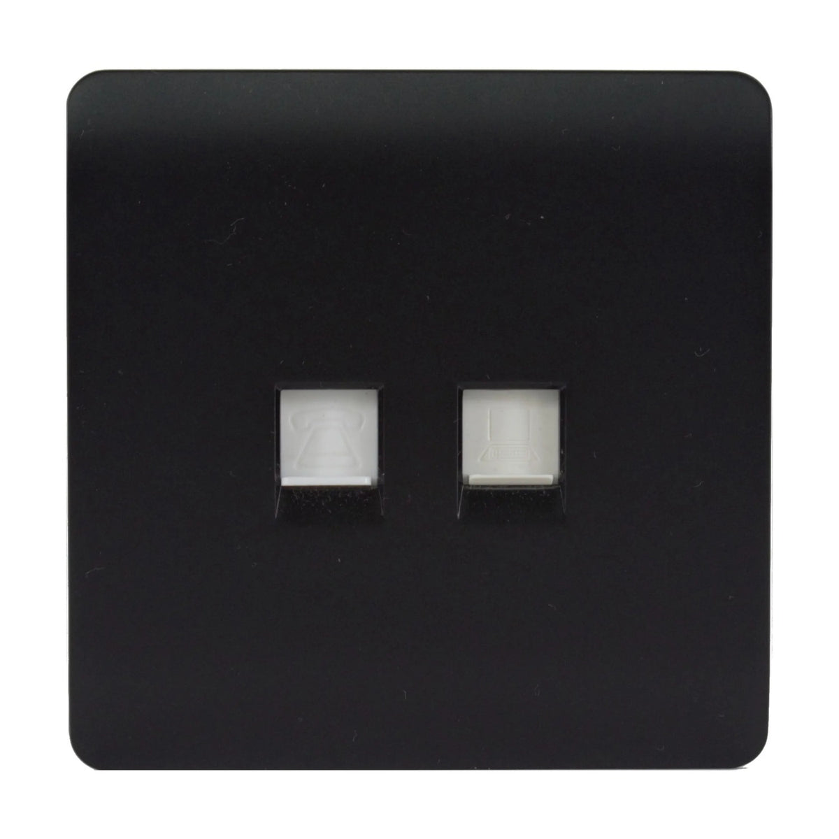 2 Gang Telephone & Cat 5/6 Data Socket in matt black, screwless square plate with telephone and RJ45 data ports, shown on a plain white background.
