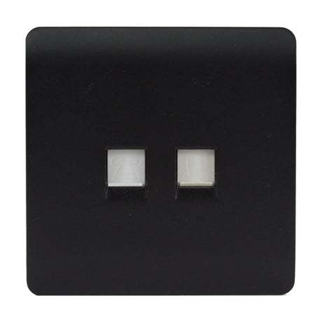 2 Gang Telephone & Cat 5/6 Data Socket in matt black, screwless square plate with telephone and RJ45 data ports, shown on a plain white background.