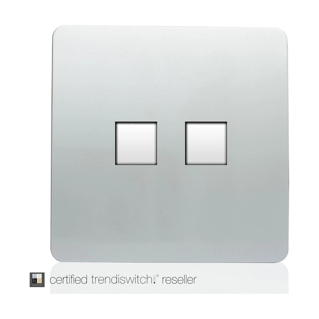 2 Gang Telephone & Cat 5/6 Ethernet socket in platinum silver, screwless square plate with two data ports, shown on a plain white background.