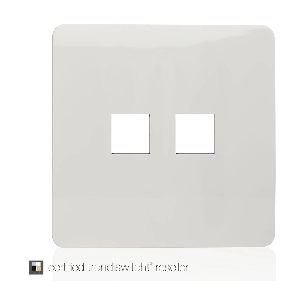 Screwless 2 gang telephone and Cat 5/6 data socket faceplate in ice white, square design with two cut-outs, shown on a plain white background.