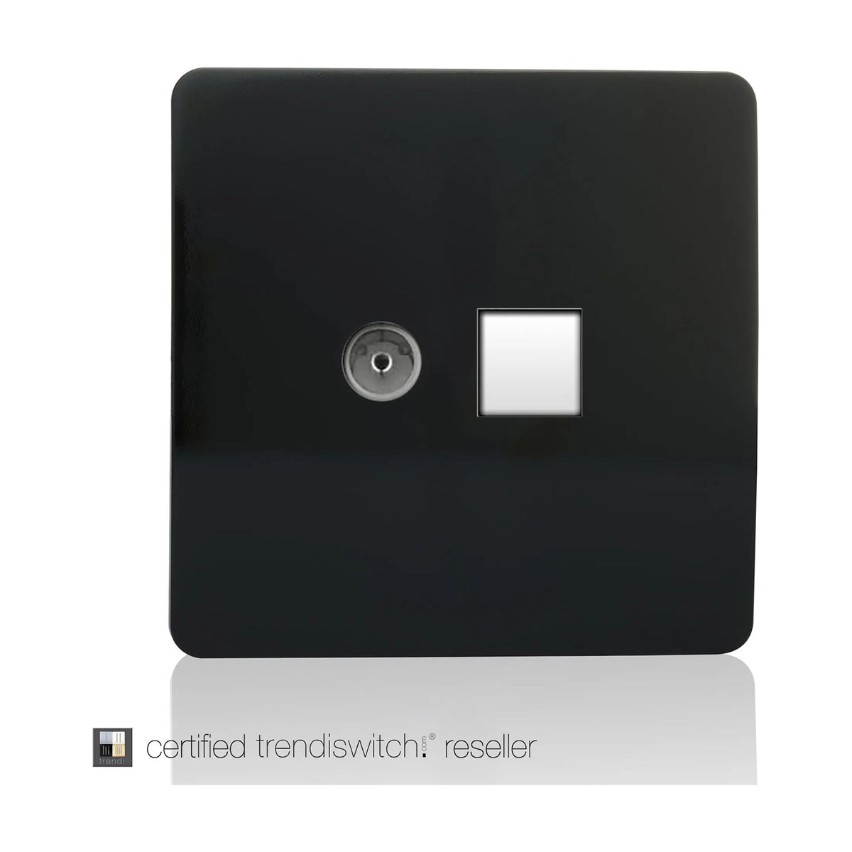 Screwless 2 gang telephone and TV coaxial socket in glossy piano black finish, square plate with chrome-trimmed TV port and white module, shown on a plain white background.